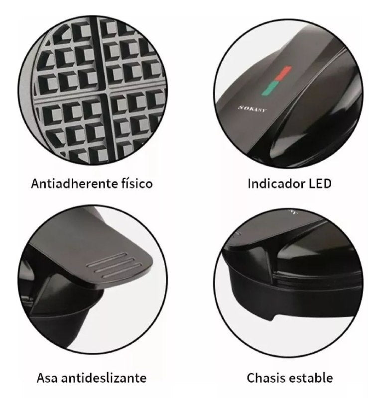 MAQUINA WAFFLERA REDONDA DE 1000W DE POTENCIA Y CALENTAMIENTO ULTRARAPIDO UNIFORME SK-519 SOKANY