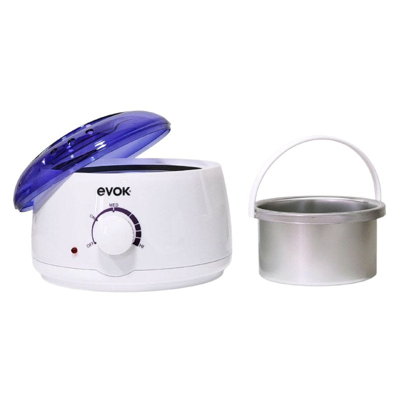 MAQUINA OLLA CALENTADORA DE CERA PARA DEPILAR, TEMPERATURA AJUSTABLE, 100W, CUBIERTA TRANSPARENTE, ASA INCORPORADA 18Z CAPACIDAD EVOK