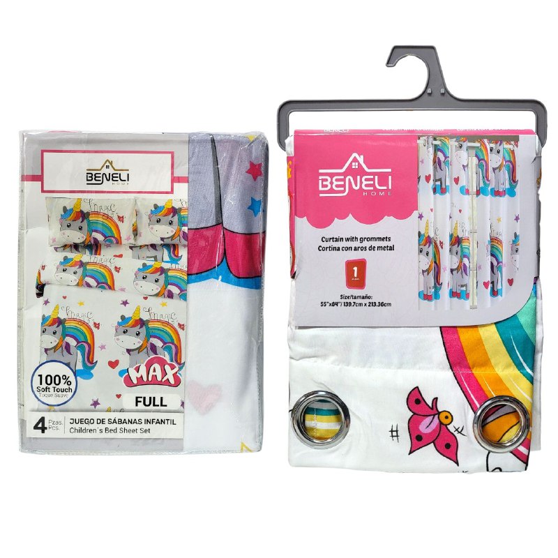 JUEGO DE SABANAS MATRIMONIAL EN SET CON CORTINAS PARA NIÑAS DE 6 PIEZAS UNICORNIOS BENELI HOME