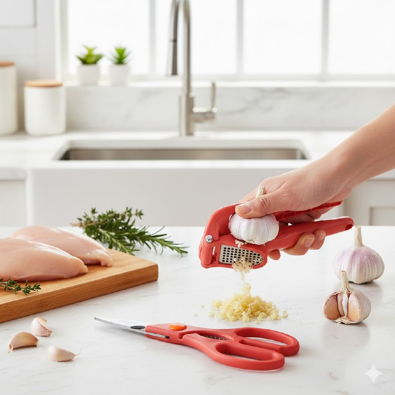 TIJERAS DE COCINAA EN SET MULTIUSOS Y PRENSA DE AJOS E ACERO INOXIDABLE QUE CORTAN CARNES, HIERBAS Y VERURAS, 4 COLORES