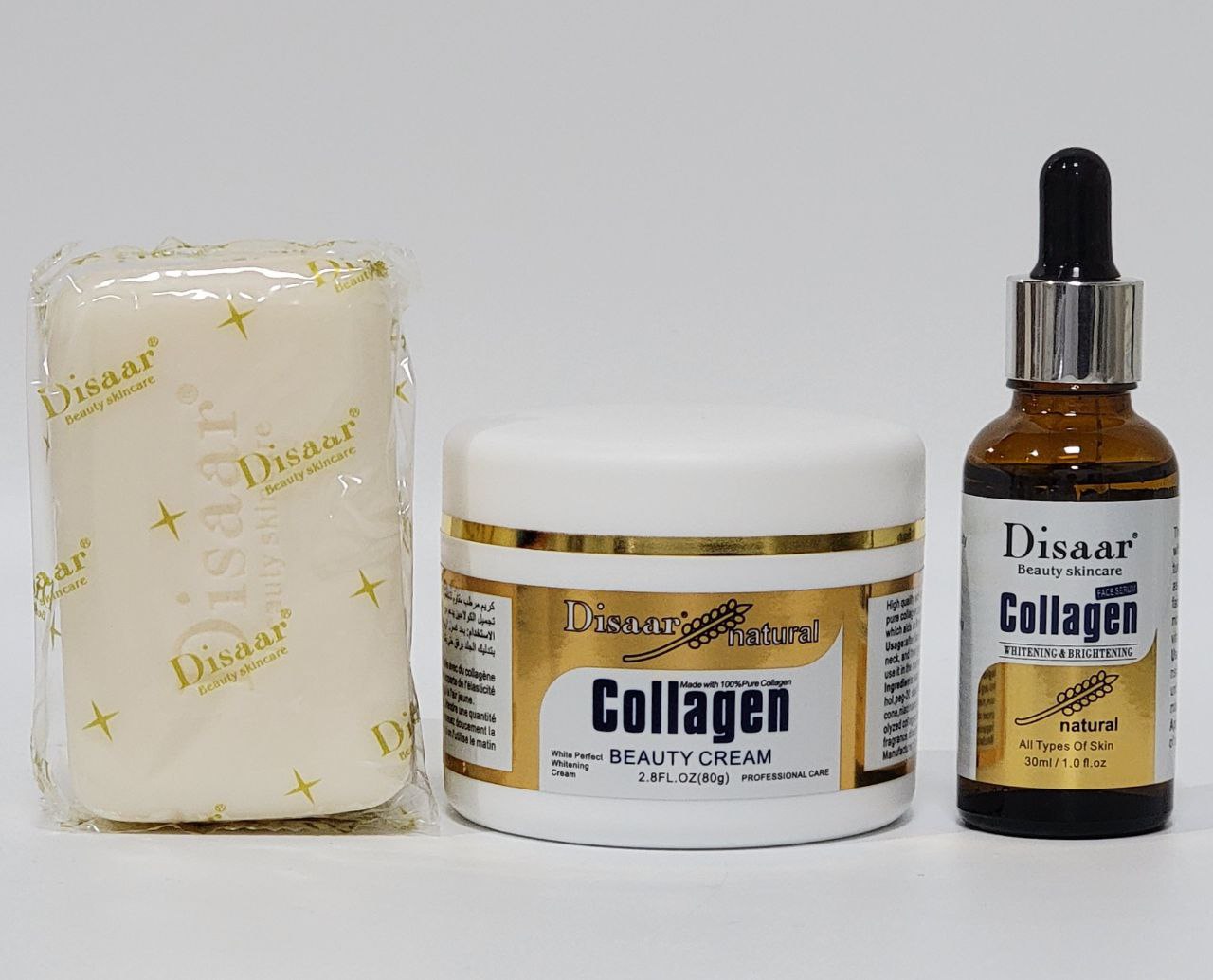 SUERO FACIAL EN SET NUTRITIVO DE 3 PIEZAS, ILUMINA, ANTIENVEJECIMIENTO, BLANQUEA, ANTIARRUGAS JABON COLAGENO 100G, SUERO FACIAL COLAGENO 30ML, CREMA FACIAL COLAGENO 80G DISAAR