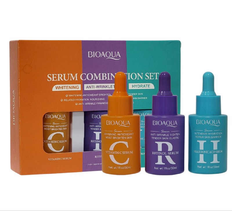 SUERO FACIAL EN SET QUE COMBINA HIDRATACION, ANTIEDAD Y BLANQUEAMIENTO DE LA PIEL 30MLX3, PARA UNA PIEL RADIANTE SUERO CON ACIDO HIALURONICO, SUERO ANTIARRUGAS CON RETINOL, SUERO BLANQUEADOR ANTIOXIDANTE DE VITAMINA C BIOAQUA