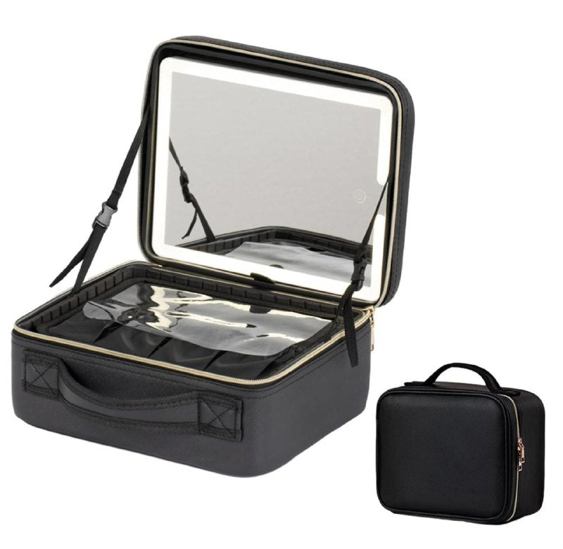 ESTUCHE ORGANIZADOR DE MAQUILLAJE CON ESPEJO LED 3 MODOS DE ILUMINACION, RESISTENTE AL POLVO Y AGUA, CORREA AJUSTABLE, 3 COLORES ACCESOIRES BEAUTE