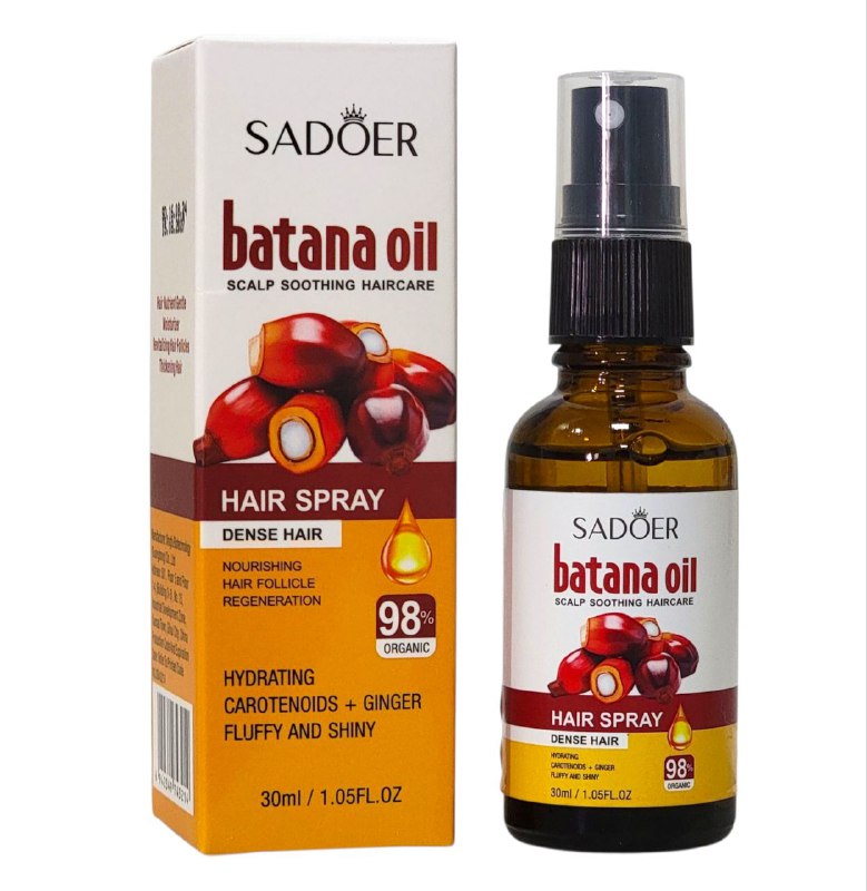 ACEITE PARA EL CABELLO EN SPRAY DE BATANA ENRIQUECIDO CON INGREDIENTES QUE POTENCIAN EL CRECIMIENTO DEL CABELLO, REDUCE LA CALVICIE, CABELLO SUAVE GRUESO Y VOLUMINOSO SADOER 30ML
