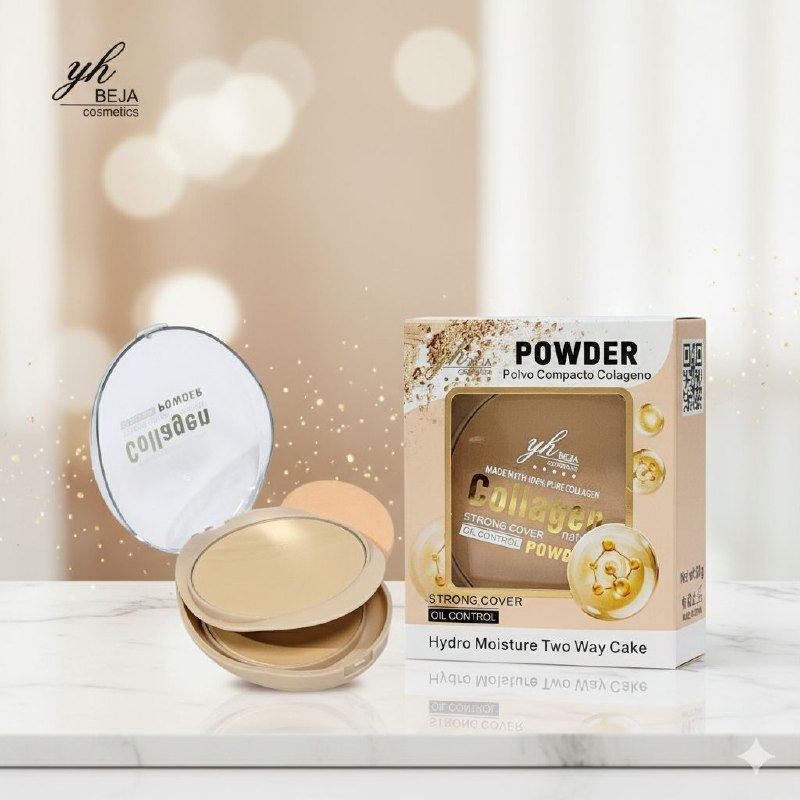POLVO DE MAQUILLAJE COMPACTO DE COLAGENO NATURAL 30G, OFRECE COBERTURA FUERTE Y CONTROL DE GRASA, TEXTURA HIDRATANTE Y PROTECCION SUAVE Y LISA YH BEJA COSMETICS