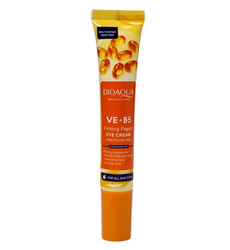 CREMA FACIAL REPARADORA Y REAFIRMANTE PARA OJOS DE VITAMINA VE+B5 20G, QUE NUTRE PROFUNDAMENTE LA PIEL DEL CONTORNO DE LOS OJOS, DISMINUYE LAS LINEAS FINAS Y SEQUEDAD BIOAQUA