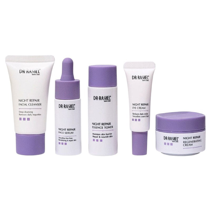 SET DE CUIDADO FACIAL DE 5 PIEZAS CON RETINOL REJUVENECEDOR DR RASHEL, LIMPIADOR 30G, TONICO 30ML, SUERO FACIAL 20ML, CREMA DIA 15G, CREMA NOCHE 10G