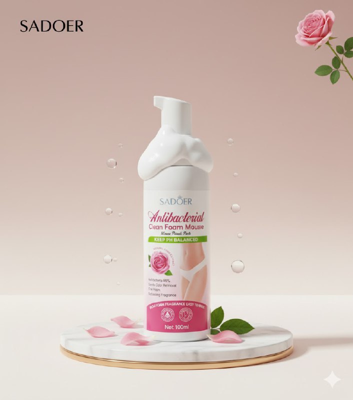 JABON INTIMO BLANQUEADOR DE MUJER DE EXTRACTO DE ROSA 100ML, MOUSE LIMPIADOR EN ESPUMA SUAVE PARA LAS PARTES INTIMAS, FORMULA EQUILIBRADA CON OLOR FRESCO Y ANTIBACTERIANO, DEJANDO SENSACIOND DE FRESCURA SADOER