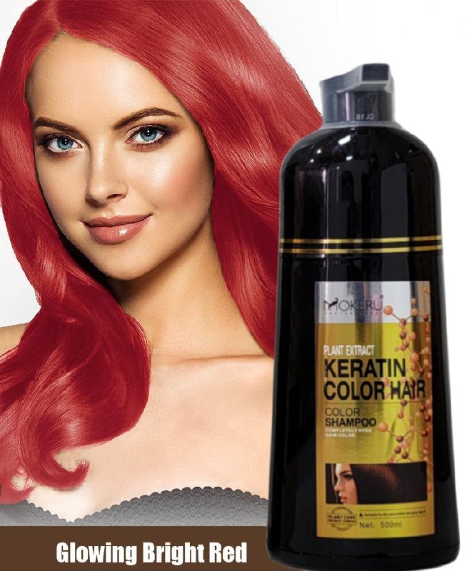 SHAMPOO TINTE COLOR GLOWING BRIGHT RED, DE 5 A 25 MINUTOS TIÑE, CABELLO BRILLANTE REPARADOR MOKERU PROFESSIONAL 500ML