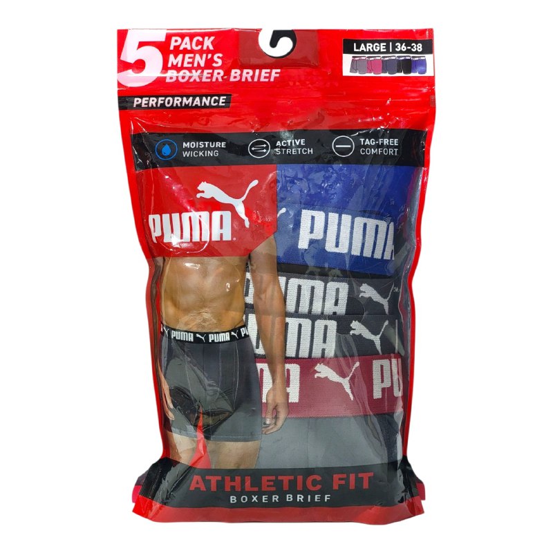 ROPA INTERIOR PARA CABALLERO PUMA ATHLETIC FIT BOXER BRIEF 5 UNIDADES TALLA LARGE 36-38 (L)