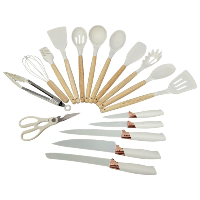 JUEGO DE CUCHILLOS DE COCINA, UTENSILIOS DE COCINA, CUCHARAS DE 18 PIEZAS, DE SILICONA CON SOPORTE DE PLASTICO, AGARRE COMODO, LIGUERO Y PRACTICO, AFILADO Y DURADERO 3 COLORES KITCHENWARE
