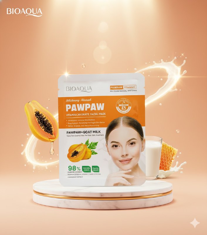 MASCARILLA FACIAL HIDRATANTE DE VITAMINA C Y PAPAYA 25G, ABSORBE PROFUNDAMENTE LA PIEL, SUAVIZA, ILUMINA Y MEJORA LA TEXTURA DE LA PIEL DEJANDOLA SUAVE Y ELASTICA BIOAQUA