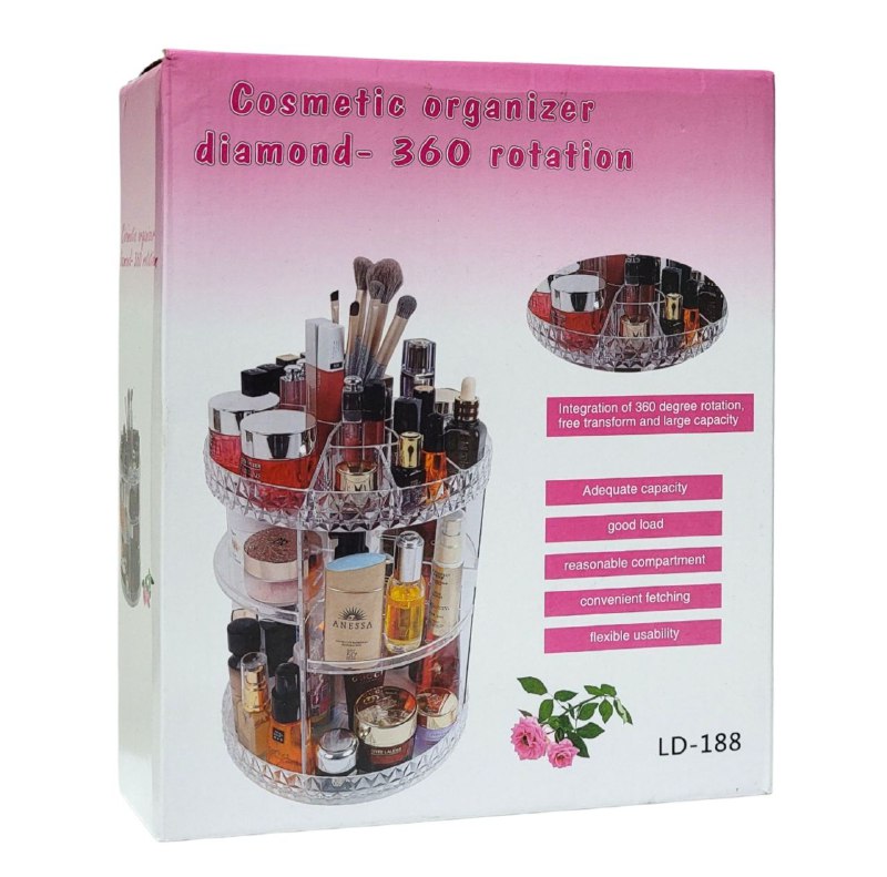 ORGANIZADOR ESTANTE DE MAQUILLAJE Y COSMETICOS GIRATORIO, CON UNA ROTACION DE 360 GRADOS QUE MAXIMIZA EL ESPACIO DE TU MOSTRADORM DISEÑO EN FORMA DE DIAMANTE DE ALTA CAPACIDAD Y ELEGANTE COSMETIC ORGANIZER DIAMOND-360 ROTATION 23X33CM