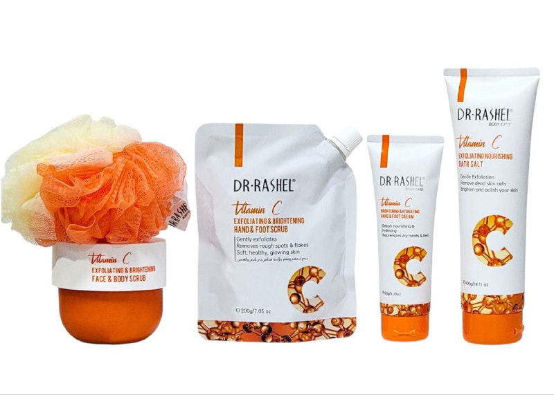 SET DE LIMPIEZA CORPORAL EXFOLIANTE Y NUTRITIVO VITAMINA C DE 4 PIEZAS DR RASHEL BODY