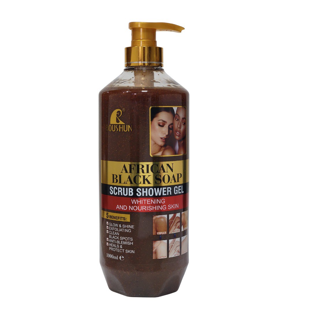 GEL DE DUCHA EXFOLIANTE CONTRA LAS IMPERFECCIONES DE JABON NEGRO AFRICANO ROUSHUN 1000ML