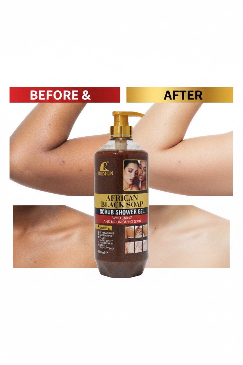 GEL DE DUCHA EXFOLIANTE CONTRA LAS IMPERFECCIONES DE JABON NEGRO AFRICANO ROUSHUN 1000ML