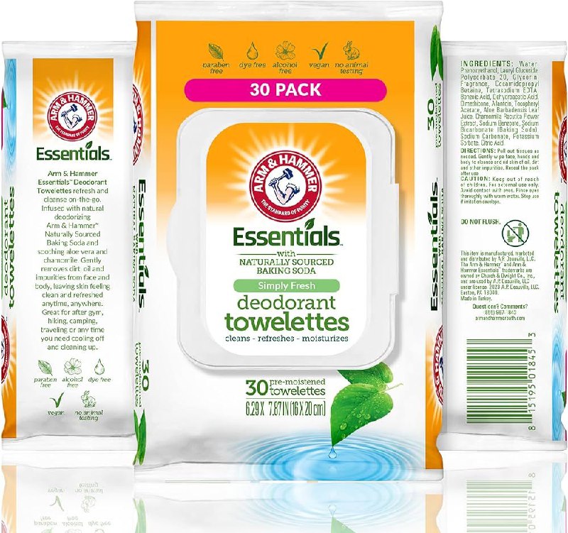 TOALLITAS HUMEDAS FACIALES CON BICARBONATO DE SODIO Y SENSACION DE SIMPLE FRESCA, TOALLITAS DESODORANTE QUE LIMPIAN, REFRESCAN ARM & HAMMER 30UND