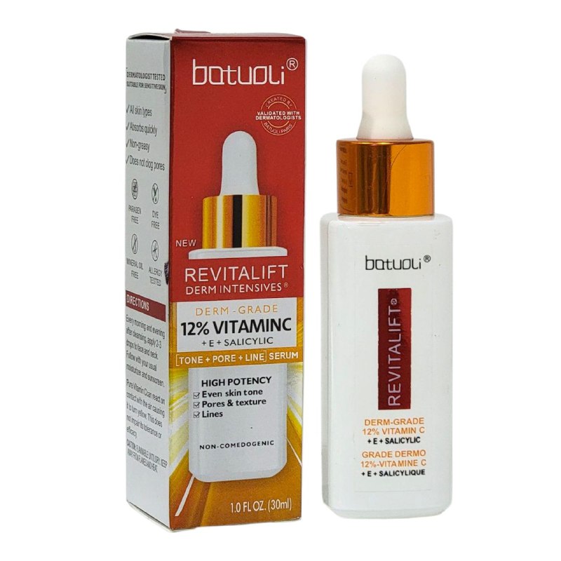 SUERO FACIAL DE VITAMINA C PURA Y ACIDO SALICILICO, QUE UNIFICA EL TONO DE LA PIEL, REFINA LOS POROS Y SUAVIZA LAS LINEAS DE ENVEJECIMIENTO DEJANDO LA PIEL MAS JOVEN Y RADIANTE BATUOLI 30ML (DUPE DE LOREAL)