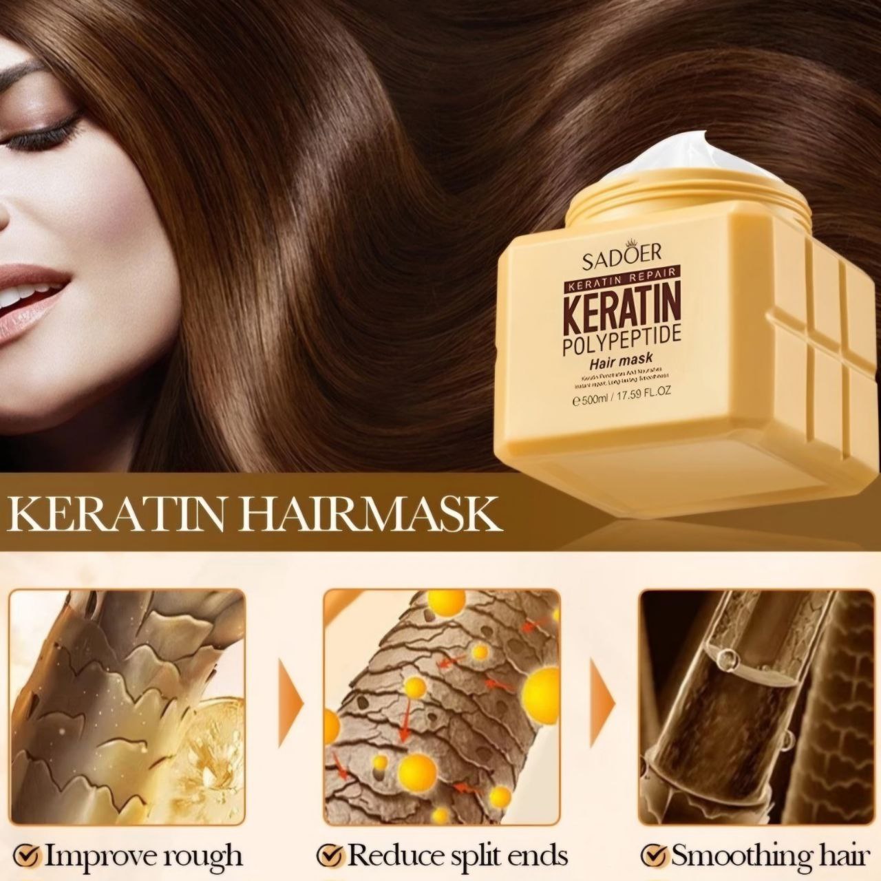 MASCARILLA PARA EL CABELLO DE QUERATINA REPARACIÓN DE POLIPÉPTIDOS SADOER 500ML