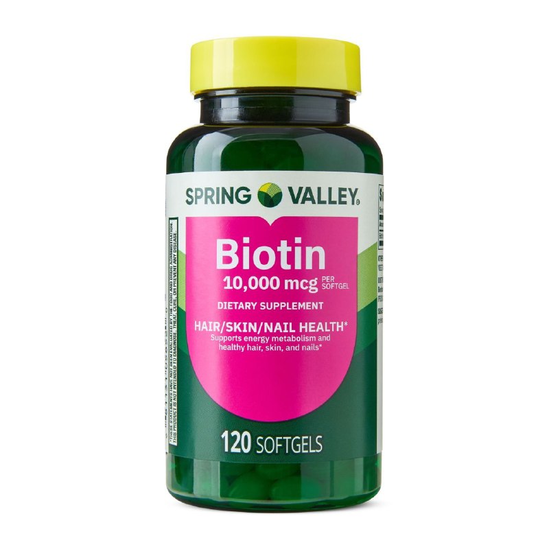 VITAMINAS EN CAPSULAS BLANDAS DE BIOTINA, PARA SALUD DEL CABELLO, PIEL Y UÑAS SALUDABLES SPRING VALLEY 120UND