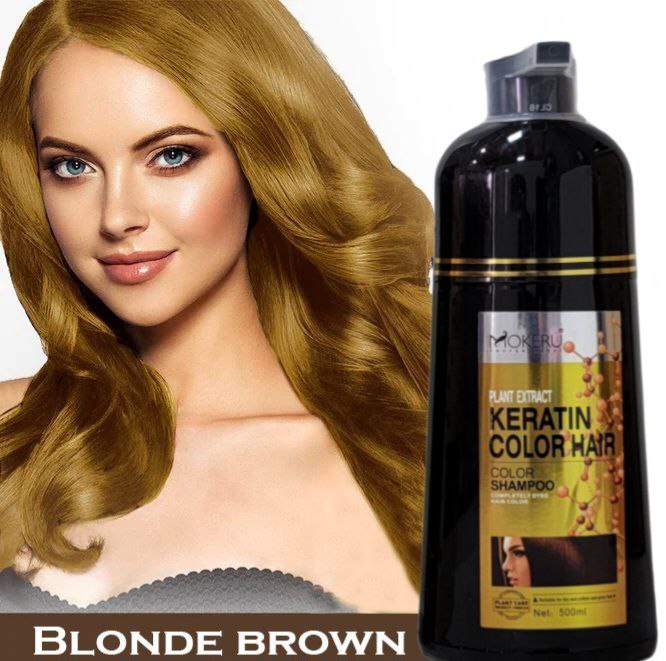 SHAMPOO TINTE COLOR BLONDE BROWN, DE 5 A 25 MINUTOS TIÑE, CABELLO BRILLANTE REPARADOR MOKERU PROFESSIONAL 500ML