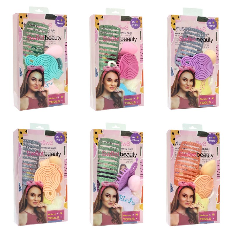 SET DE CUIDADO PERSONAL, ESPONJA MAQUILLAJE, ESPONJA DE BAÑO Y CEPILLO DE PELO SWEET BEAUTY