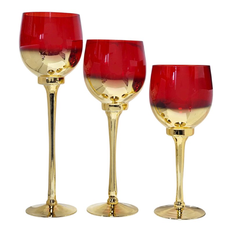 DECORACION CANDELERO EN SET DE 3 PIEZAS DE COPA CON TALLO DE CRISTAL DORADO ELEGANTE Y RESISTENTE