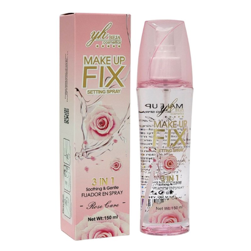 FIJADOR DE MAQUILLAJE EN SPRAY 3 EN 1 QUE CALMA Y SUAVIZA LA PIEL 150ML, SU FORMULA LIGERA Y DE RAPIDA ABSORCION DEJA LA PIEL TERTSA Y SUAVE EN LA QUE PERDURA EL MAQUILLAJE YH BEJA COSMETICS