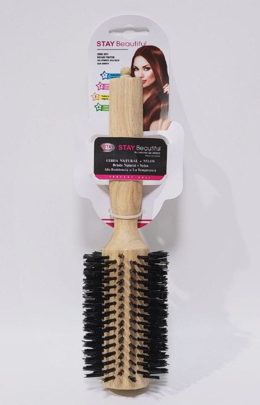 CEPILLO PARA EL CABELLO REDONDO DE MADERA CERDA NATURAL Y NYLON, ALTA RESISTENCIA A LA TEMPERATURA STAY BEAUTIFUL