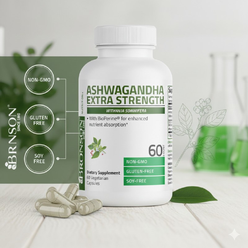 VITAMINAS EN CAPSULAS VEGETARIANAS DE ASHWAGANDHA REDUCE EL ESTRES BRONSON 60UND