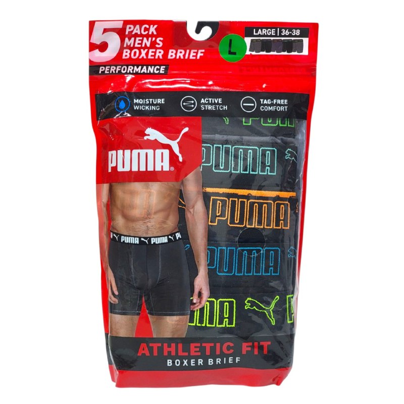 ROPA INTERIOR PARA CABALLERO PUMA ATHLETIC FIT BOXER BRIEF 5 UNIDADES TALLA LARGE 36-38 (L)