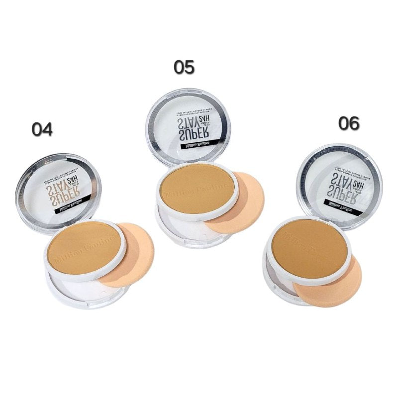 BASE DE MAQUILLAJE HIBRIDA EN POLVO MATE SUAVE 14G DUPE DE MAYBELLINE, POLVO DE BASE QUE DURA 24H Y RESISTE AL AGUA MILLION PAULINE