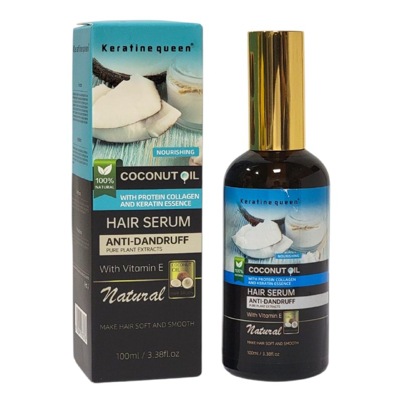 ACEITE PARA EL CABELLO, SUERO CAPILAR ANTICASPA CON ACEITE DE COCO, KERATINE Y COLAGENO 100ML, REPARA EL CABELLO DAÑADO, RESTURA BRILLO Y FLEXIBILIDAD, DEJANDOLO SUAVE, SALUDABLE Y HERMOSO KERATINE QUEEN