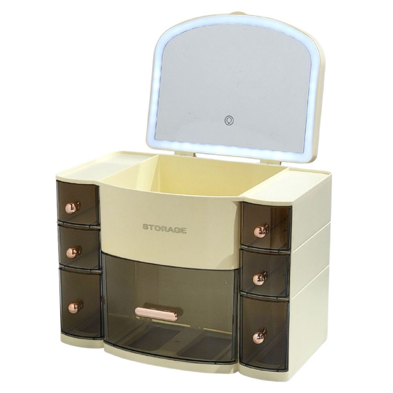 ORGANIZADOR ESTANTE DE COSMETICOS, MAQUILLAJE CON 8 COMPARTIMIENTOS, ESPEJO CON LUZ LED 3 MODOS DE INTENSIDAD, COLOR CREMA STORAGE