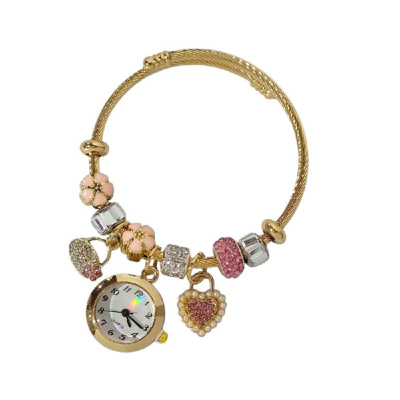 RELOJ ECONOMICO ESTILO PANDORA PARA DAMA DE ACERO CON BAÑO DE ENCHAPE