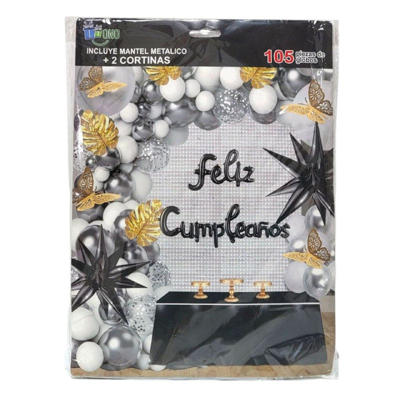 DECORACION PARA CUMPLEAÑOS EN SET COMPLETO, MANTEL METALICO, 2 CORTINAS, 105 GLOBOS