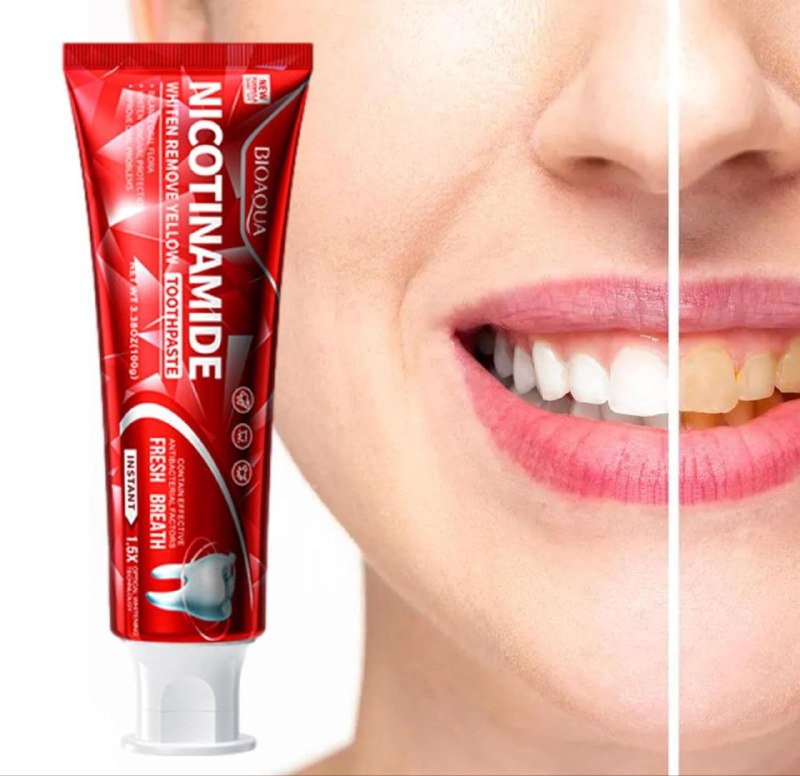 PASTA DE DIENTES, DE NICOTINAMIDA, BLANQUEA Y ELIMINA EL AMARILLO DE LOS DIENTES, REFRESCA Y LIMPIA LA BOCA MANCHAS Y SARRO BIOAQUA 100G