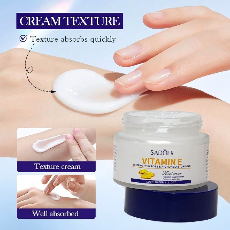 CREMA FACIAL DE VITAMINA E, HIDRATANTE, REPARACION SUPERIOR, PIEL SUAVE Y ELASTICA, DURADERA, BLANQUEAMIENTO ANTIOXIDANTE SADOER 50G