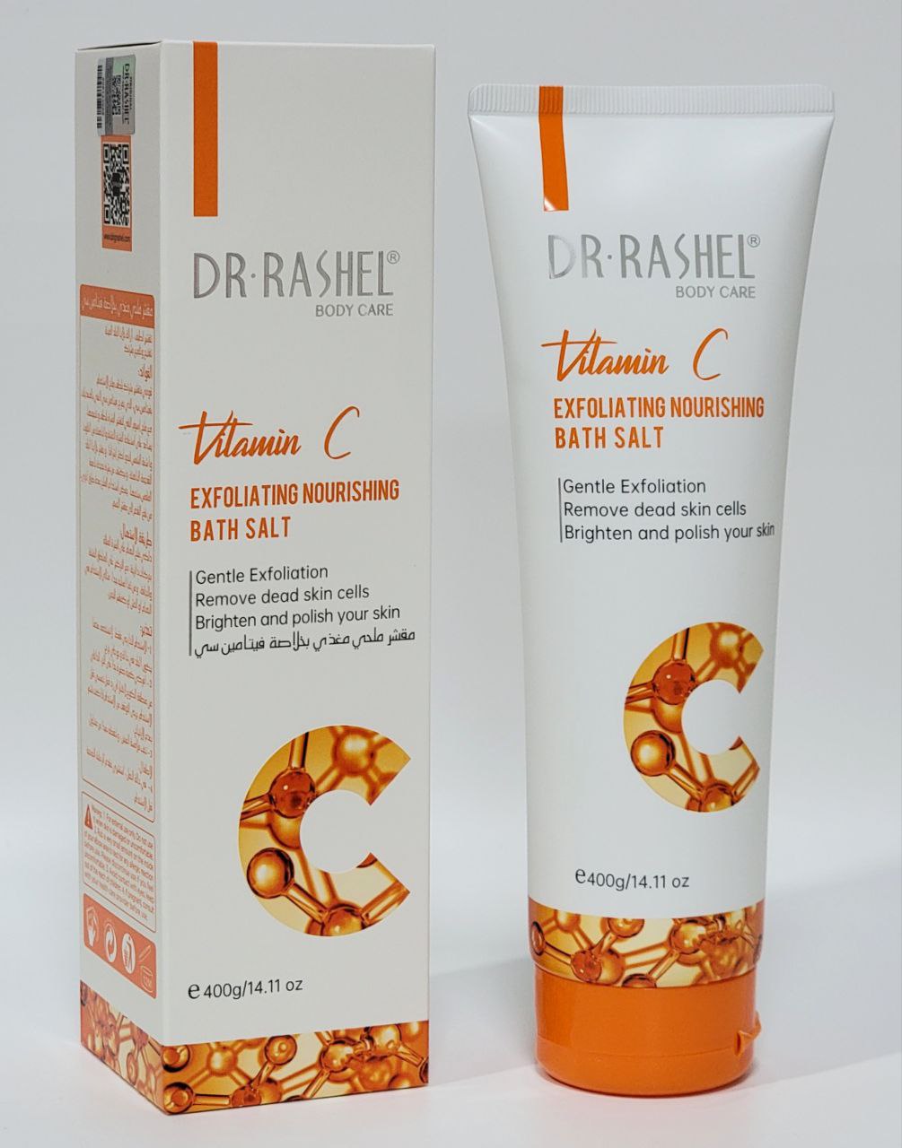 GEL DE DUCHA SAL DE BAÑO NUTRITIVA EXFOLIANTE CON VITAMINA C, PIEL SUAVE, MAS RADIANTE Y TERSA AL TACTO DR RASHEL BODY CARE 400G