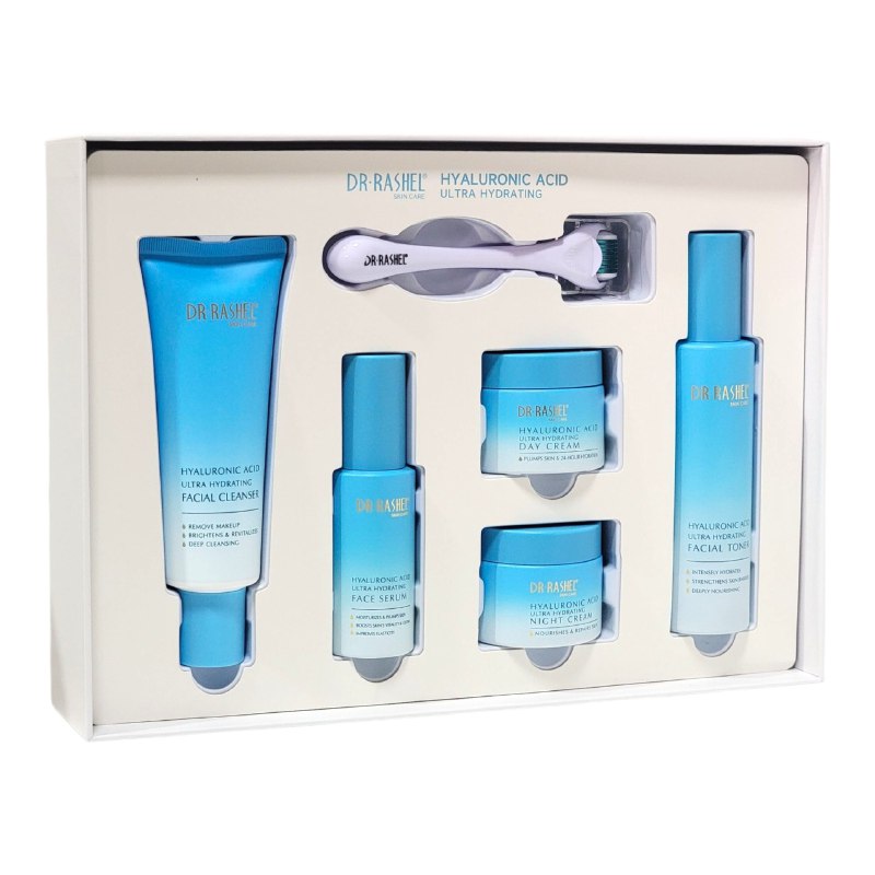 SET DE CUIDADO FACIAL DE 6 PIEZAS ULTRA HIDRATANTE CON ACIDO HIALURONICO DR RASHEL, LIMPIADOR FACIAL 120G, TONICO 100ML, SUERO 50ML, CREMA DIA 50G, CREMA NOCHE 50G Y DERMAROLLER