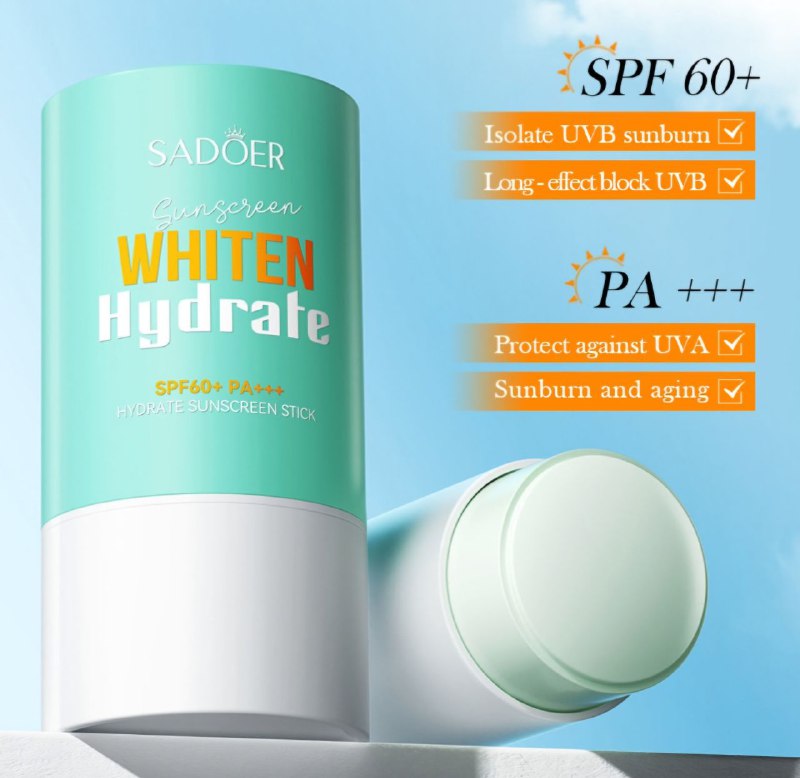 PROTECTOR SOLAR EN BARRA HIDRATANTE SPF 60PA, REFRESCANTE, NO PEGAJOSO, PROTECCION SOLAR, RESISTENTE AL AGUA Y SUDOR SADOER SUNSCREEN WHITE HYDRATE 20G