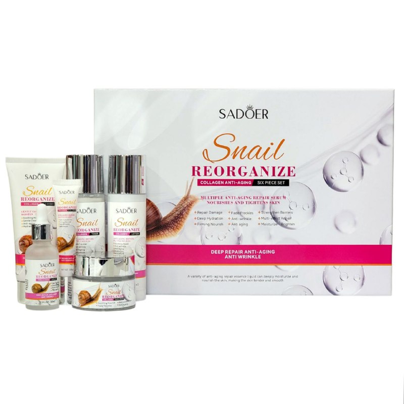 SET DE CUIDADO FACIAL DE CARACOL DE 6 PIEZAS, EFECTO REPARADOR CON COLAGENO, ANTIEDAD SADOER SNAIL REORGANIZE