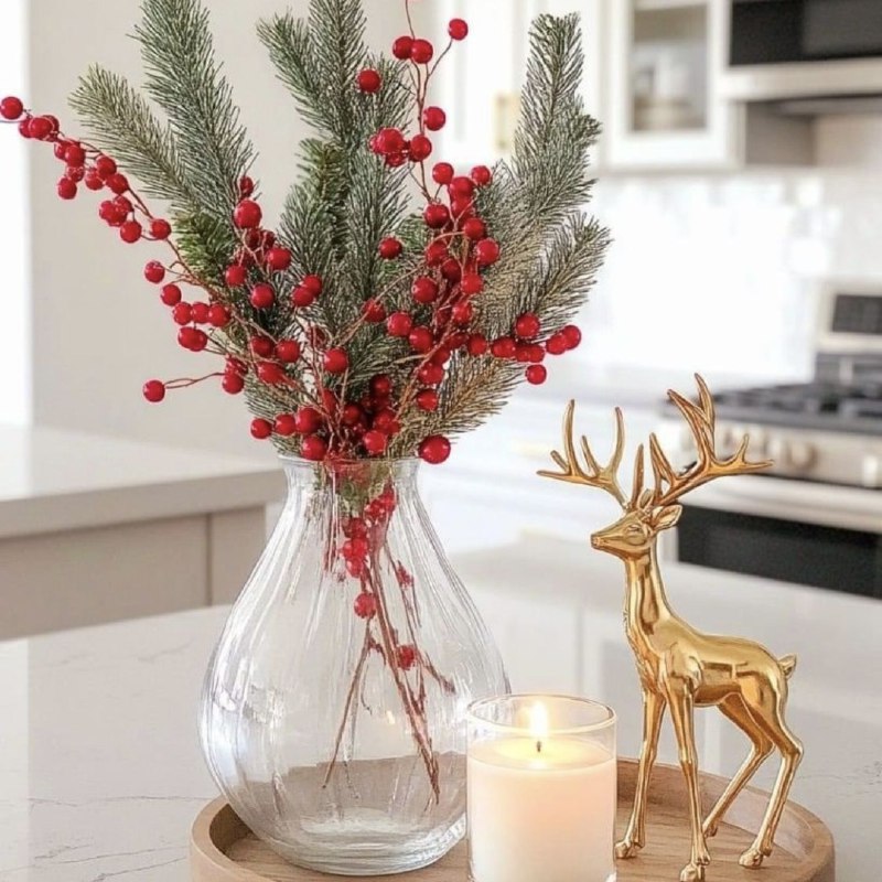 DECORACION ADORNO NAVIDEÑO TALLOS DE ACEBO CON BAYAS ROJAS ELEGANTES BRILLANTES