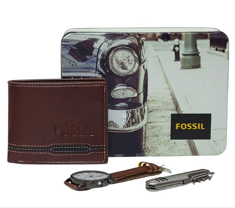 BILLETERA ECONÓMICA FOSSIL CON NAVAJA Y RELOJ