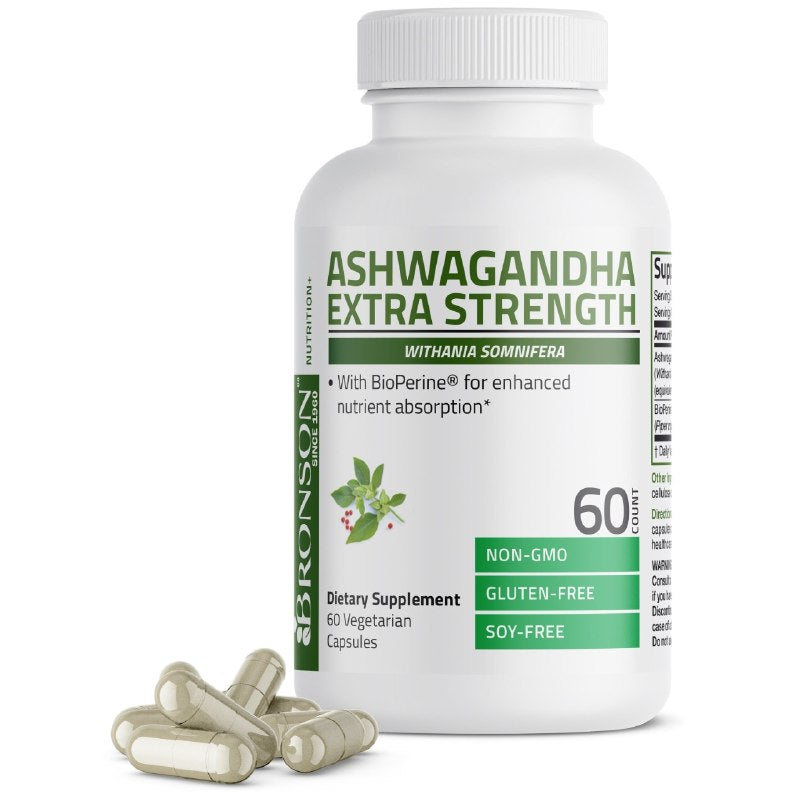 VITAMINAS EN CAPSULAS VEGETARIANAS DE ASHWAGANDHA REDUCE EL ESTRES BRONSON 60UND