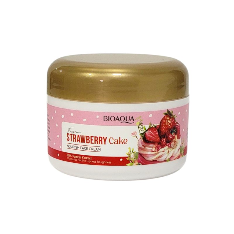 CREMA FACIAL CON FRAGANCIA DE PASTEL DE FRESA HIDRATANTE 100G, NUTRE E HIDRATA PROFUNDAMENTE LA PIEL, CALMANDOLA Y PROTEGIENDOLA CONTRA LA SEQUEDAD, DEJANDOLA SUAVE Y AROMATICA BIOAQUA