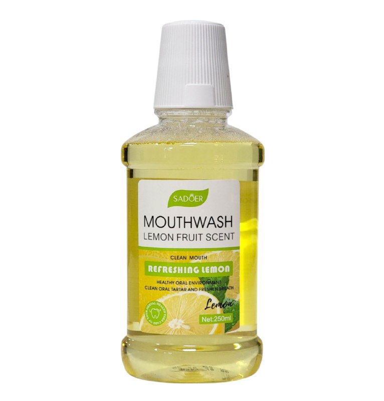 ENJUAGUE BUCAL CON AROMA A FRUTA DE LIMON 250ML, OFRECE UN AMBIENTE ORAL SALUDABLE SIN ALCOHOL, SU SABOR REFRESCANTE Y SU ENTRADA SUAVE BRINDAN UNA EXPERIENCIA FRESCA Y DELICIOSA, LIMPIA PROFUNDAMENTE Y PROTEGE LOS DIENTES SADOER