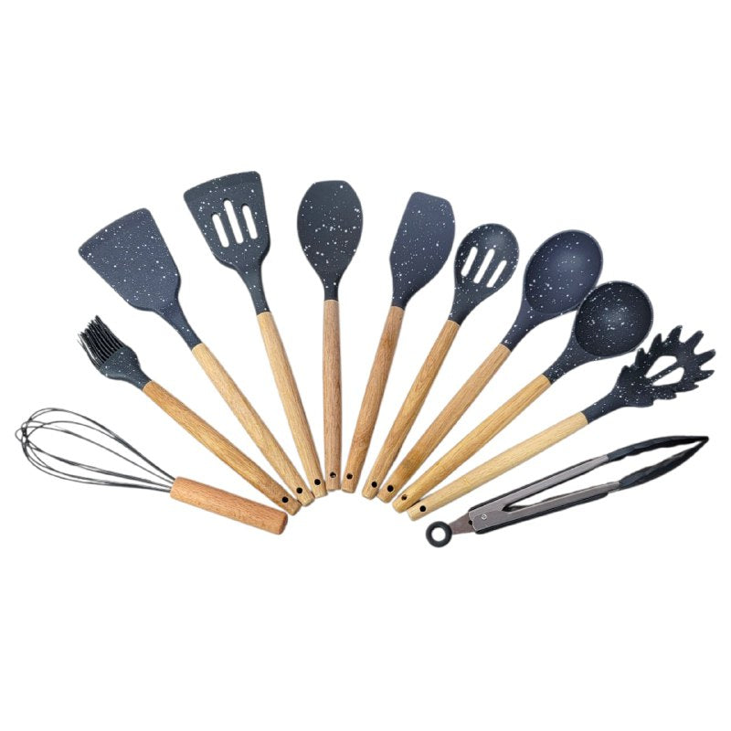 JUEGO DE UTENSILIOS DE COCINA DE SILICONA CON SOPORTE PLASTICO DE 12 PIEZAS, DISEÑADO PARA SOPORTAR TEMPERATURAS DE 30 A 130 GRADOS, SILICONA FLEXIBLE Y SUAVE, 5 COLORES KITCHEN & DINNING