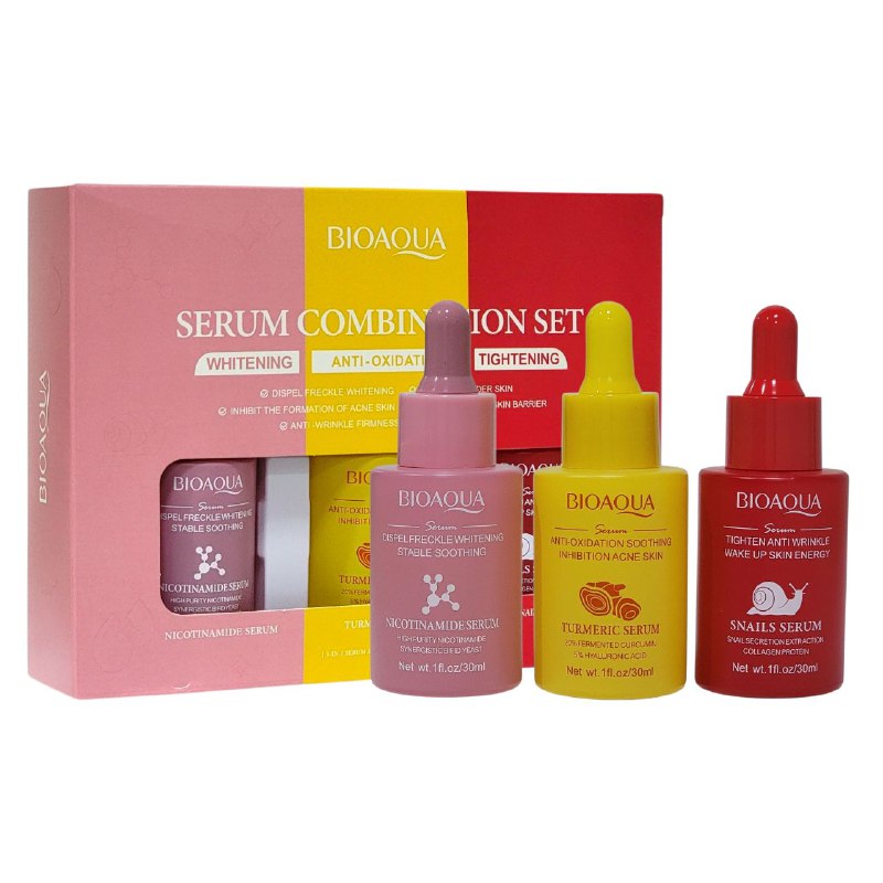 SUERO FACIAL EN SET QUE COMBINA TRES SERUMS PODEROSOS PARA BLANQUEAR, ANTIOXIDAR Y REJUVENECER LA PIEL 30MLX3, SUERO DE CARACOL HIDRATANTE 30ML, SUERO DE CURCUMA ANTI ACNE 30ML Y SUERO DE NICOTINAMIDA BLANQUEADOR 30ML