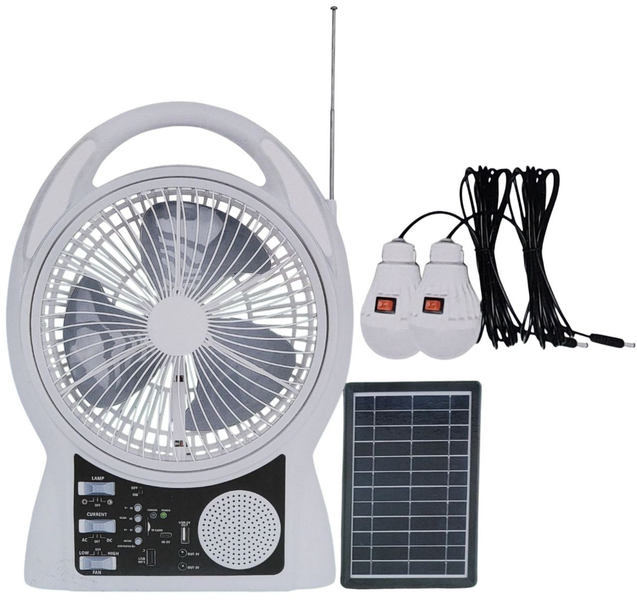 VENTILADOR RECARGABLE DE 8 PULGADAS, ALTO Y BAJO, BLUETOOTH, CON LUZ LED, TARJETA SD, 2 BOMBILLAS LED, RADIO FM, USB, PROTECCION SOBRECARGA, 2 VELOCIDADES, TIPO C, CARGA SOLAR DC5V, CARGA 3-4H, BATERIA 5H, LED 50H VIVE MODEL VV-288